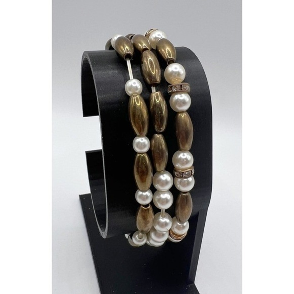Set of 3 Gold Tone & Pearl & Rhinestone Style Stretch Bracelets‎ Beaded Stack